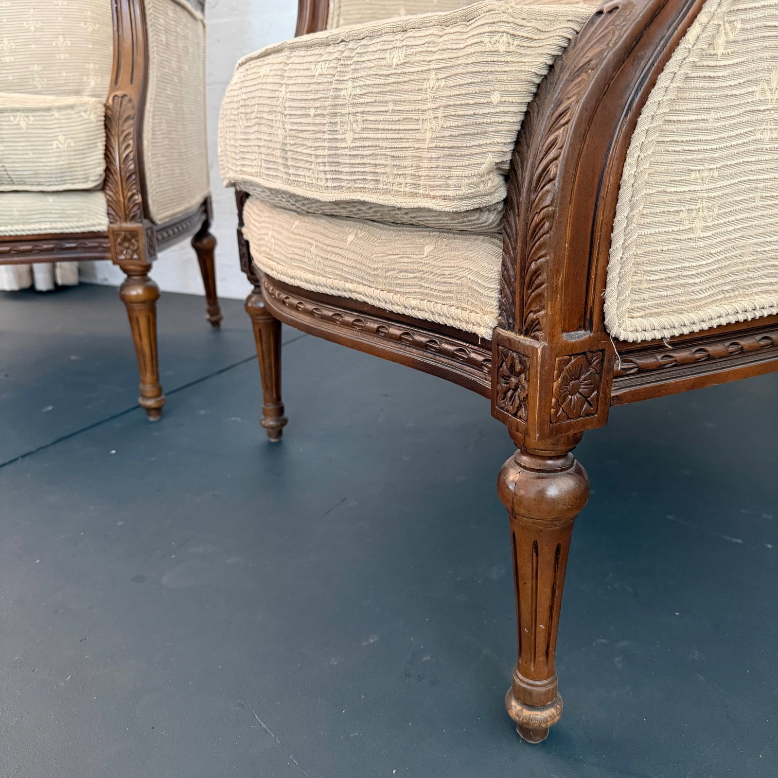 Pair of Mid-Century Louis XVI Style Carved Walnut Bergère Armchairs - 9