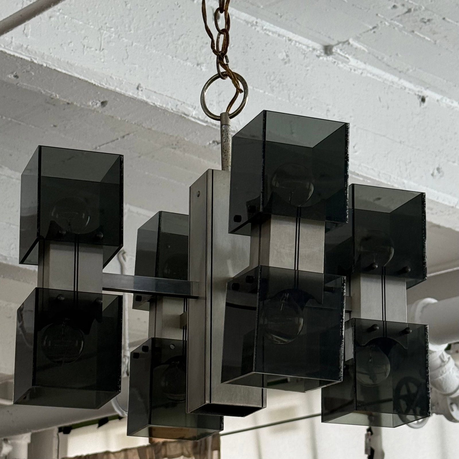 Late 20th Century Brutalist Smoked Plexiglass "Ice Cube" Chrome Chandelier - 4