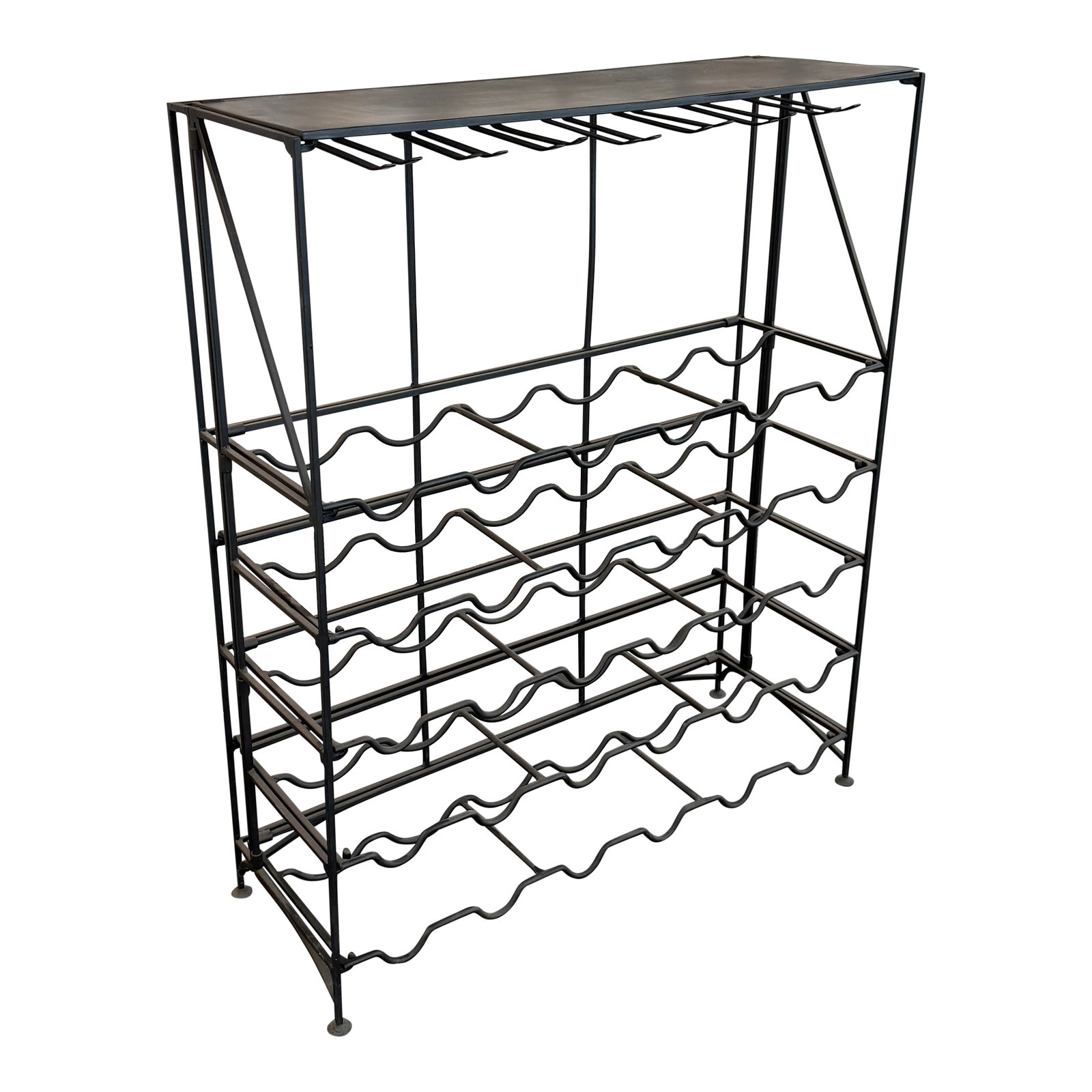 Mid 20th Century Sleek Modern Black Wrought Iron Dry Bar Console Wine Rack: This versatile late 20th century dry wine bar console features a streamlined black wrought iron frame equipped with five tiers of contoured wine bottle cradles and integrated under-shelf stemware rack