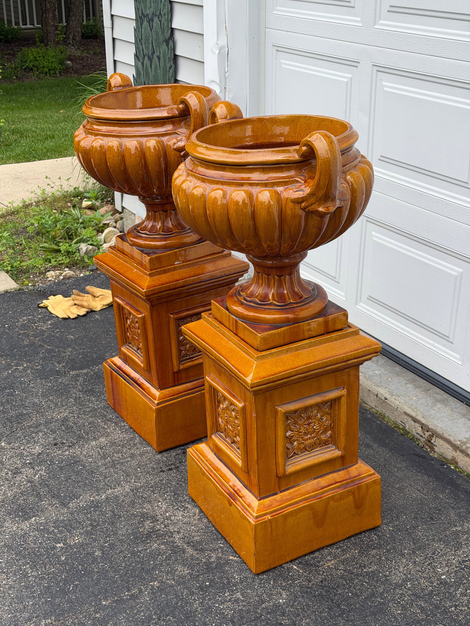 Monumental Glazed Ceramic Campana Urns on Pedestals 42" a Pair - 2