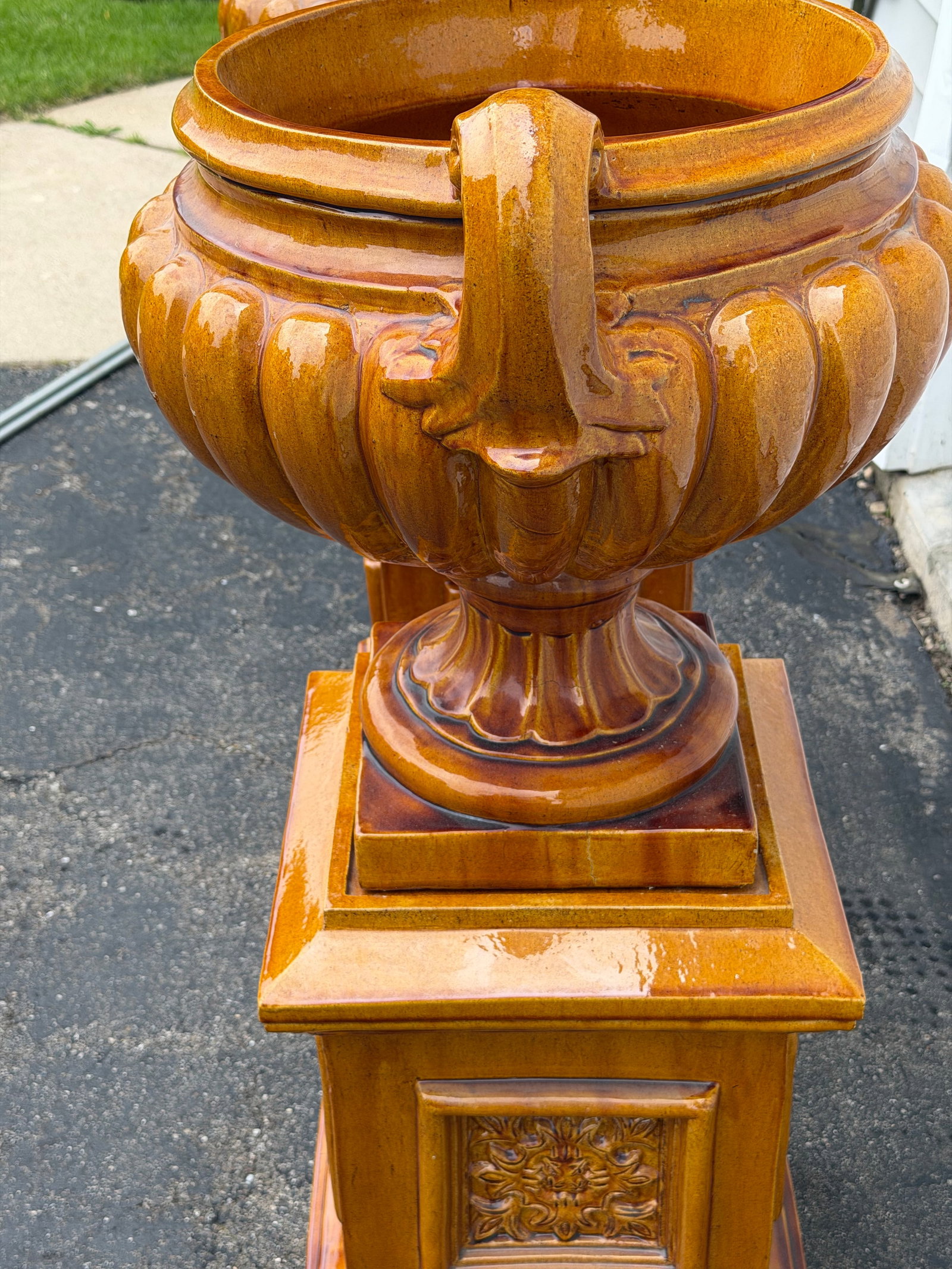Monumental Glazed Ceramic Campana Urns on Pedestals 42" a Pair - 8