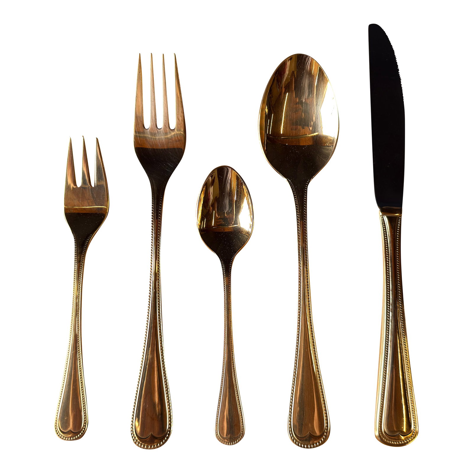 Vintage Bestecke Solingen Gold Plated Flatware - Service for 12: Bestecke Solingen is one of Germany's respected cutlery manufacturers, and this gold plated stainless flatware set in the beaded edge pattern is a substantial service in very good overall condition.