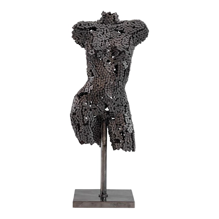 Premium Handcrafted Bicycle Chain Torso Sculpture | 38" | One of a Kind: This is not merely a sculpture "” it is a conversation between raw industrial material and timeless feminine form. Handcrafted with extraordinary precision, this one-of-a-kind torso is built