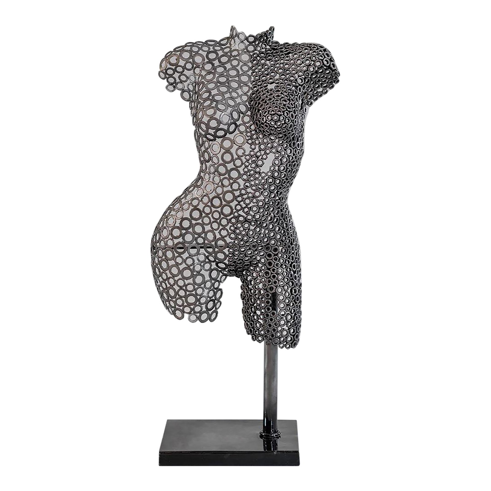 Premium Handcrafted Iron Washer Female Torso Sculpture | 37" | One of a Kind: There is a rare kind of art that reveals the human form not by adding material, but by letting light pass through it. This extraordinary iron torso sculpture is built entirely from repurposed washers
