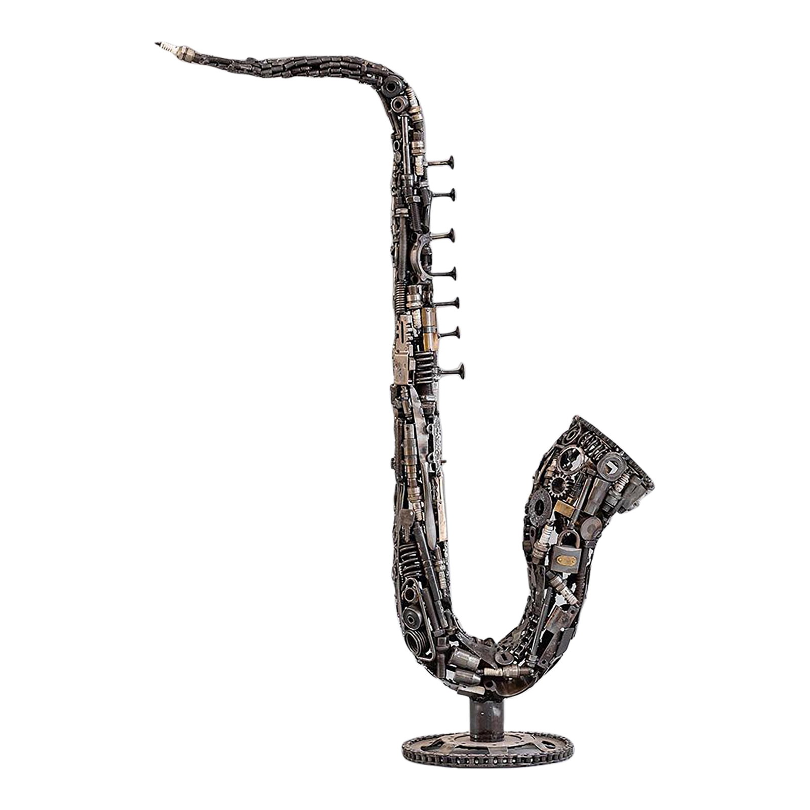 Premium Handcrafted Recycled Metal Saxophone Sculpture | 38" | One of a Kind: This is what happens when industrial craft meets the soul of jazz. Handcrafted with meticulous precision from repurposed gears, chains, and bolts, this life-sized saxophone sculpture captures every