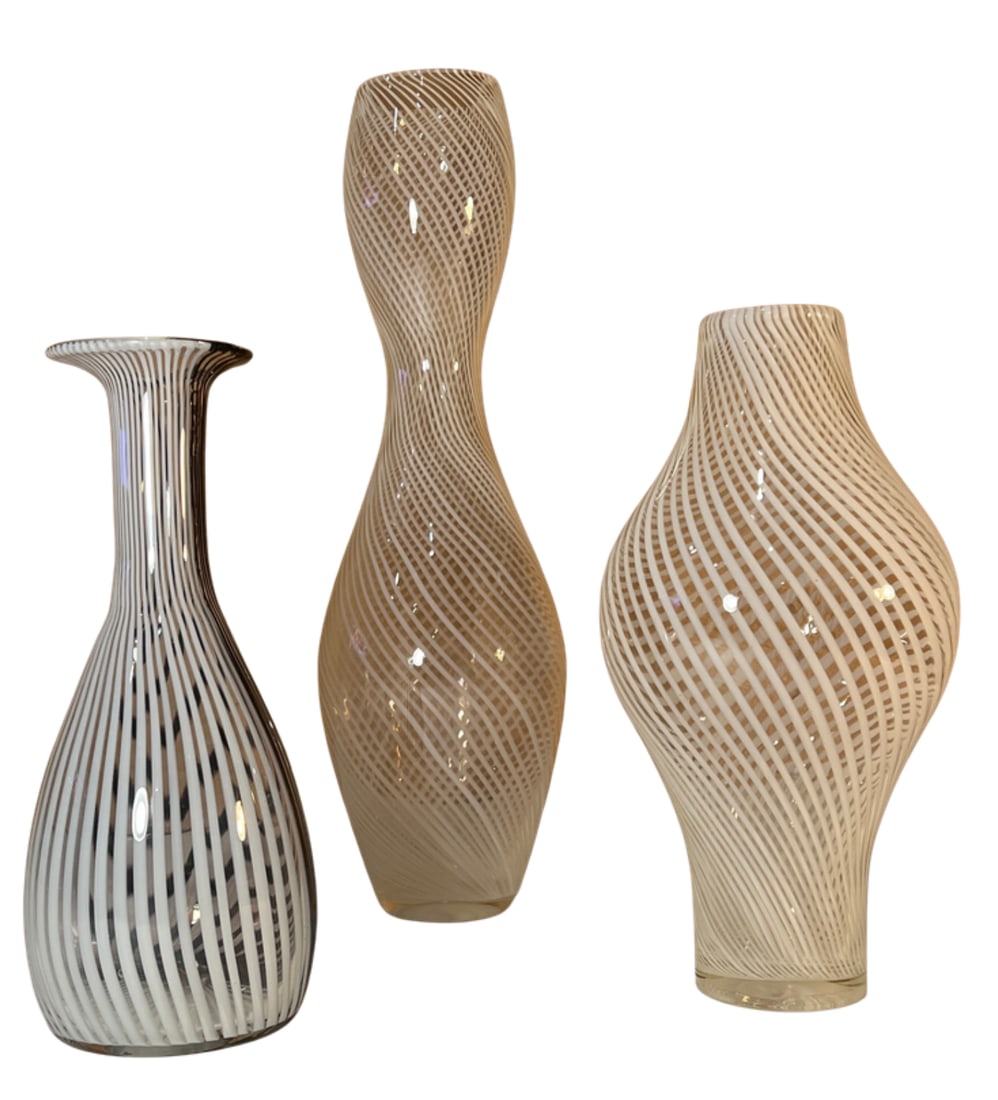 Murano Mezza Filigrana Art Glass White and White and Black Pin Stripe Swirl Vases- Set of 3 - 10
