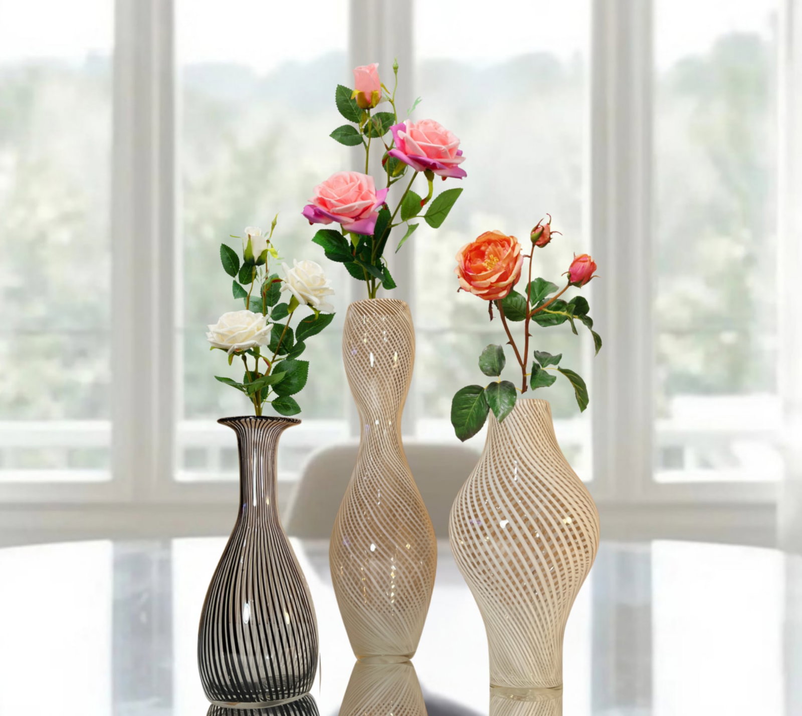 Murano Mezza Filigrana Art Glass White and White and Black Pin Stripe Swirl Vases- Set of 3 - 11