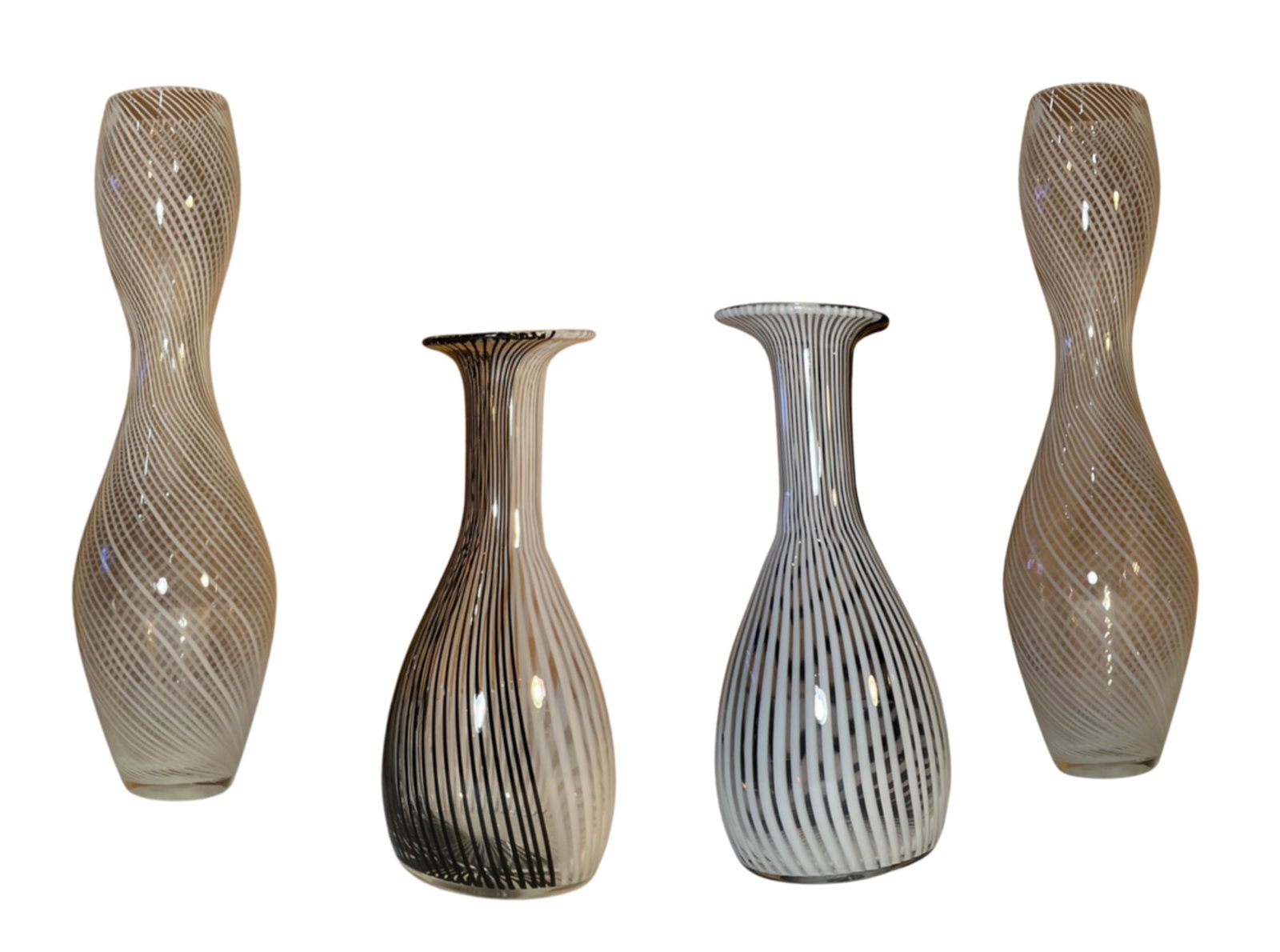 Murano Mezza Filigrana Art Glass White and White and Black Pin Stripe Swirl Vases- Set of 3 - 14