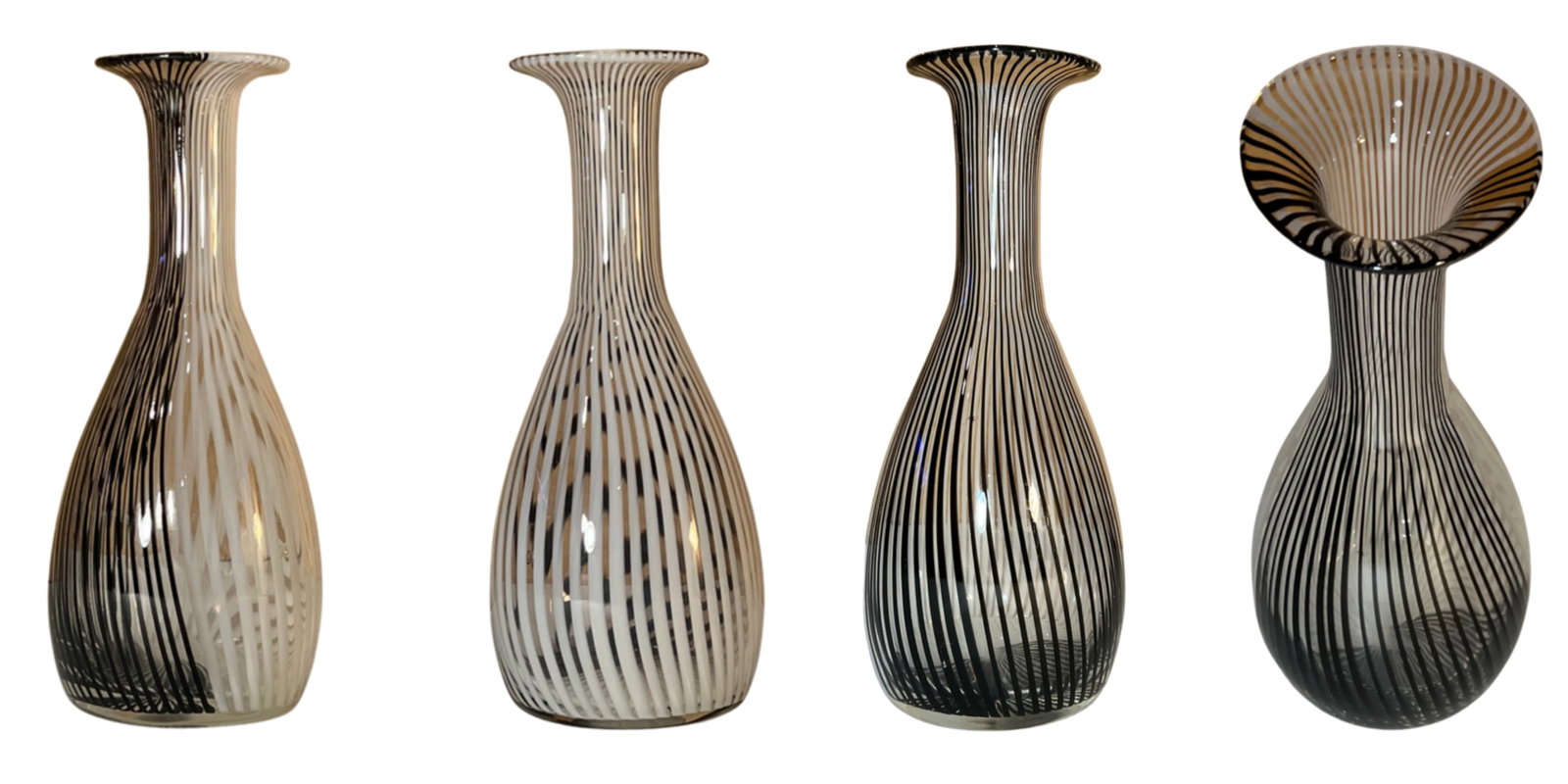 Murano Mezza Filigrana Art Glass White and White and Black Pin Stripe Swirl Vases- Set of 3 - 16