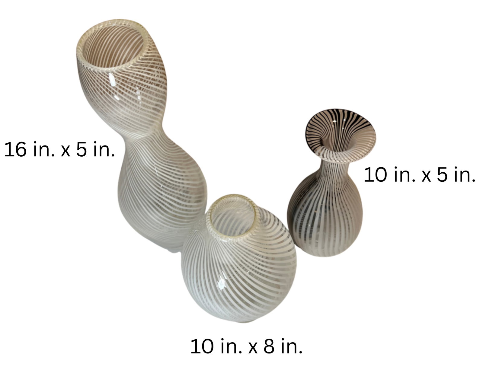 Murano Mezza Filigrana Art Glass White and White and Black Pin Stripe Swirl Vases- Set of 3 - 18