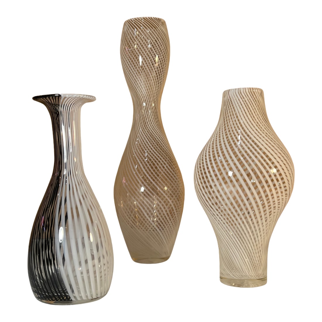Murano Mezza Filigrana Art Glass White and White and Black Pin Stripe Swirl Vases- Set of 3 (1 of 18)