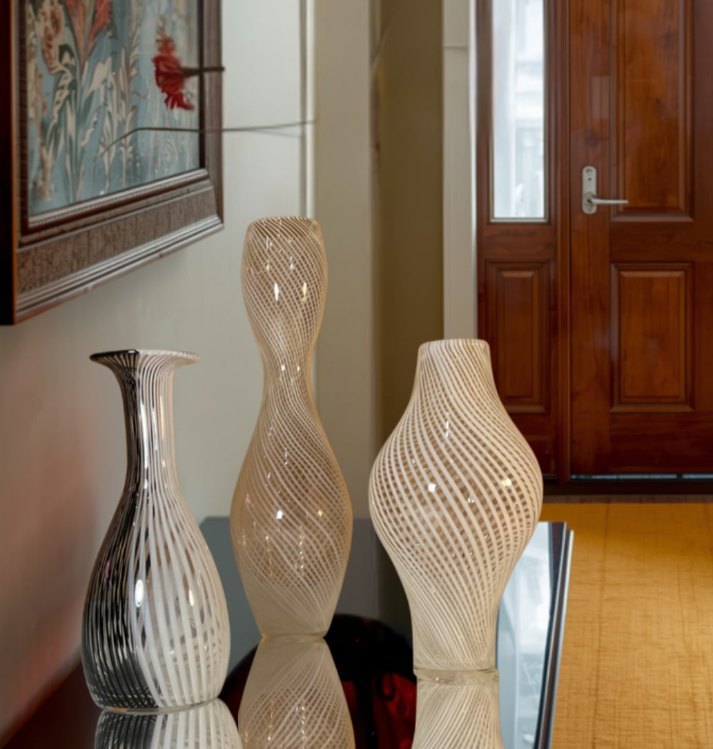 Murano Mezza Filigrana Art Glass White and White and Black Pin Stripe Swirl Vases- Set of 3 - 2