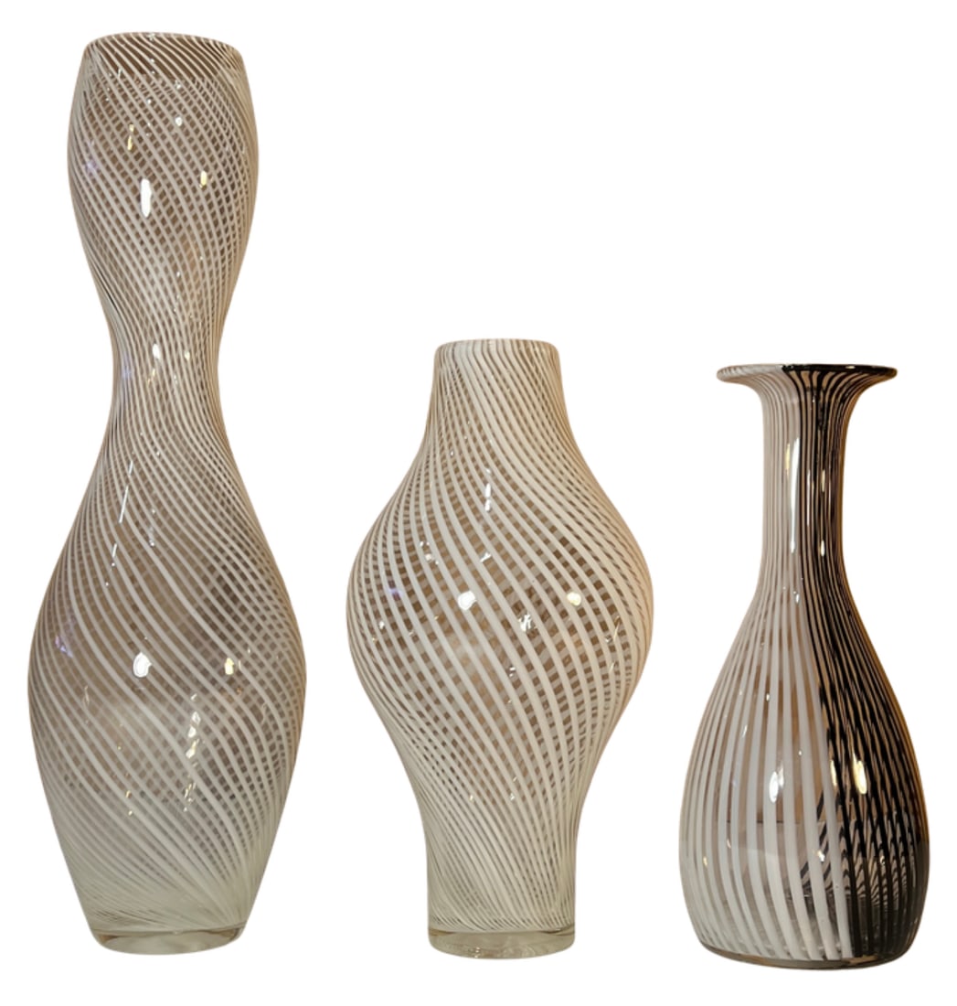 Murano Mezza Filigrana Art Glass White and White and Black Pin Stripe Swirl Vases- Set of 3 - 3