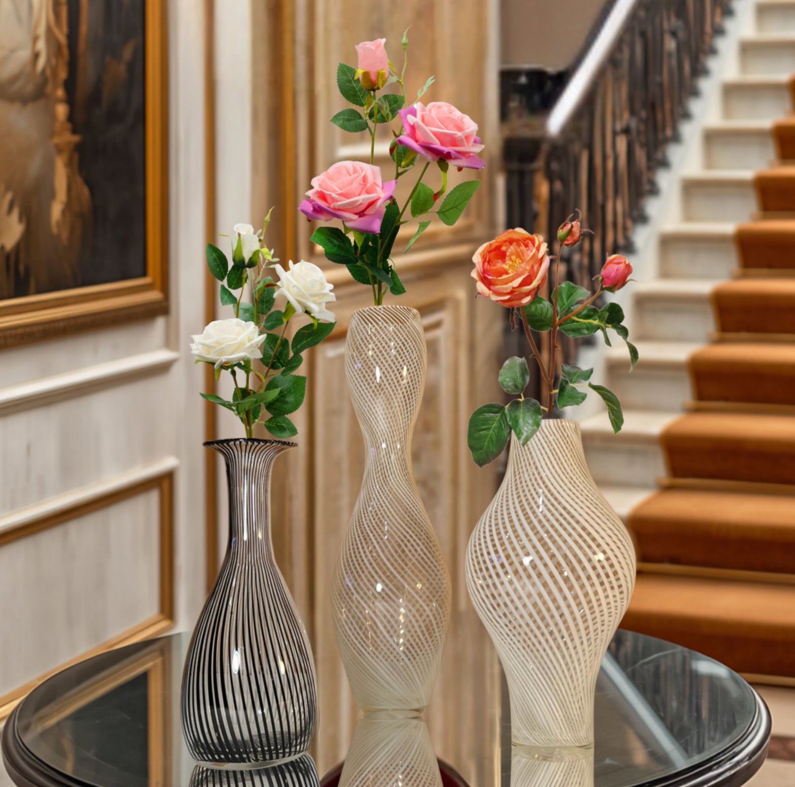 Murano Mezza Filigrana Art Glass White and White and Black Pin Stripe Swirl Vases- Set of 3 - 5