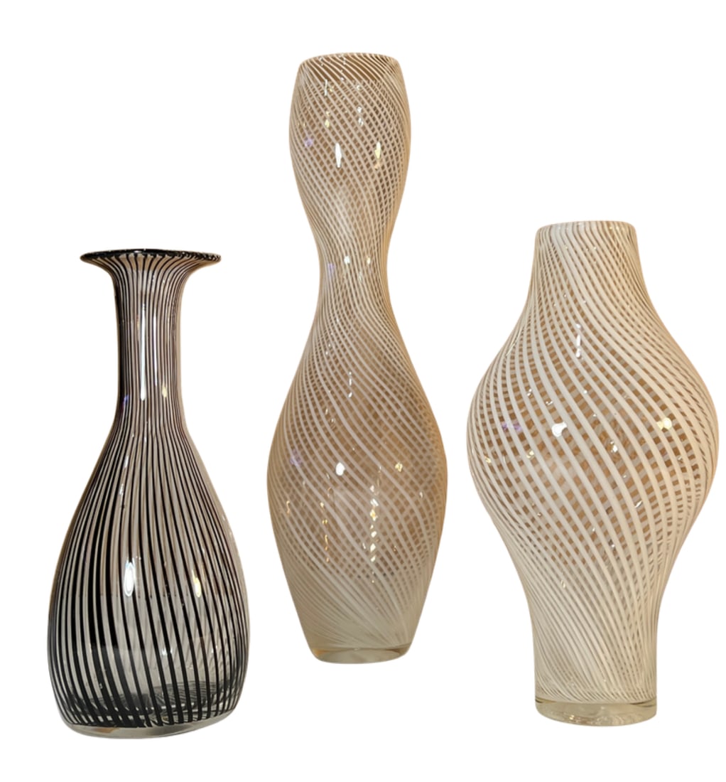 Murano Mezza Filigrana Art Glass White and White and Black Pin Stripe Swirl Vases- Set of 3 - 6