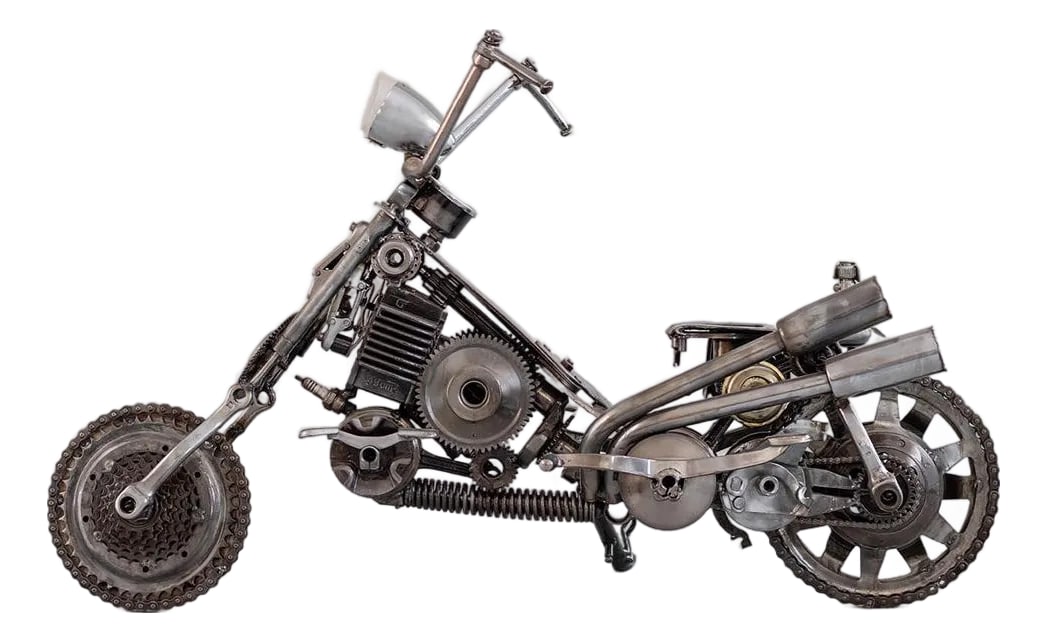 New Handcrafted Recycled Metal Motorbike Sculpture | 37" X 23" | One of a Kind: Raw mechanics transformed into pure art. This extraordinary hand-sculpted motorbike replica is built entirely from upcycled rods, springs, gears, and chains "” each mechanical remnant carefully