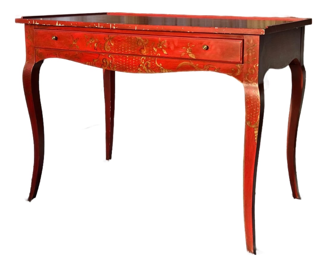 Vintage Chinoiserie Crimson Writing Desk – Hollywood Regency / Postmodern Eclectic: Bring a sharp shot of architectural color and historical subversion into your space with this vintage 1980s–1990s French Provincial style writing desk. Featuring slender cabriole legs, a