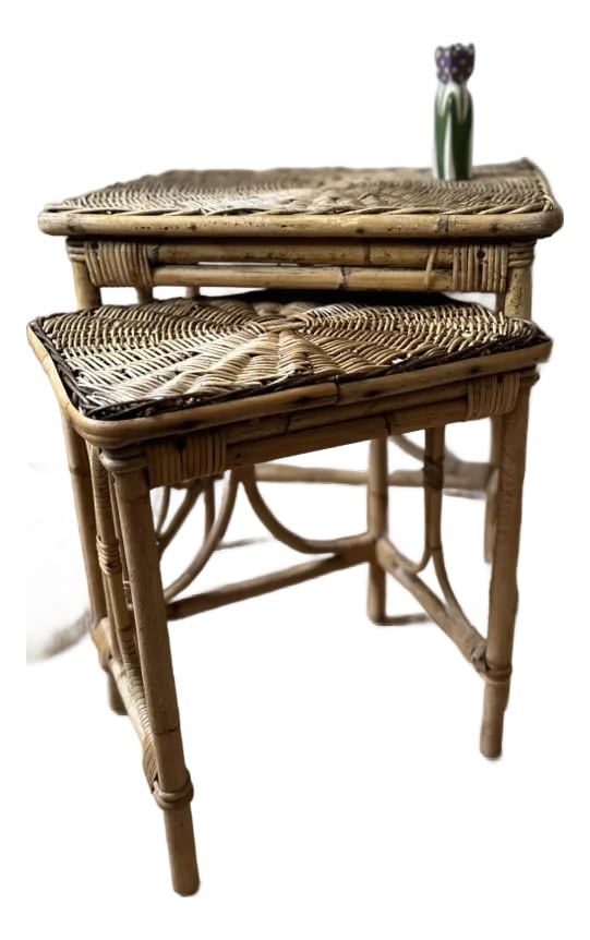 1960s Mid-Century Bohemian Woven Wicker & Rattan, Bamboo Sunburst Nesting Tables - Set of 2: An exceptional pair of mid-century modern bohemian nesting tables, circa 1960s. This highly versatile set features a beautifully executed, tight spiral "sunburst" woven wicker top built over a heavy,
