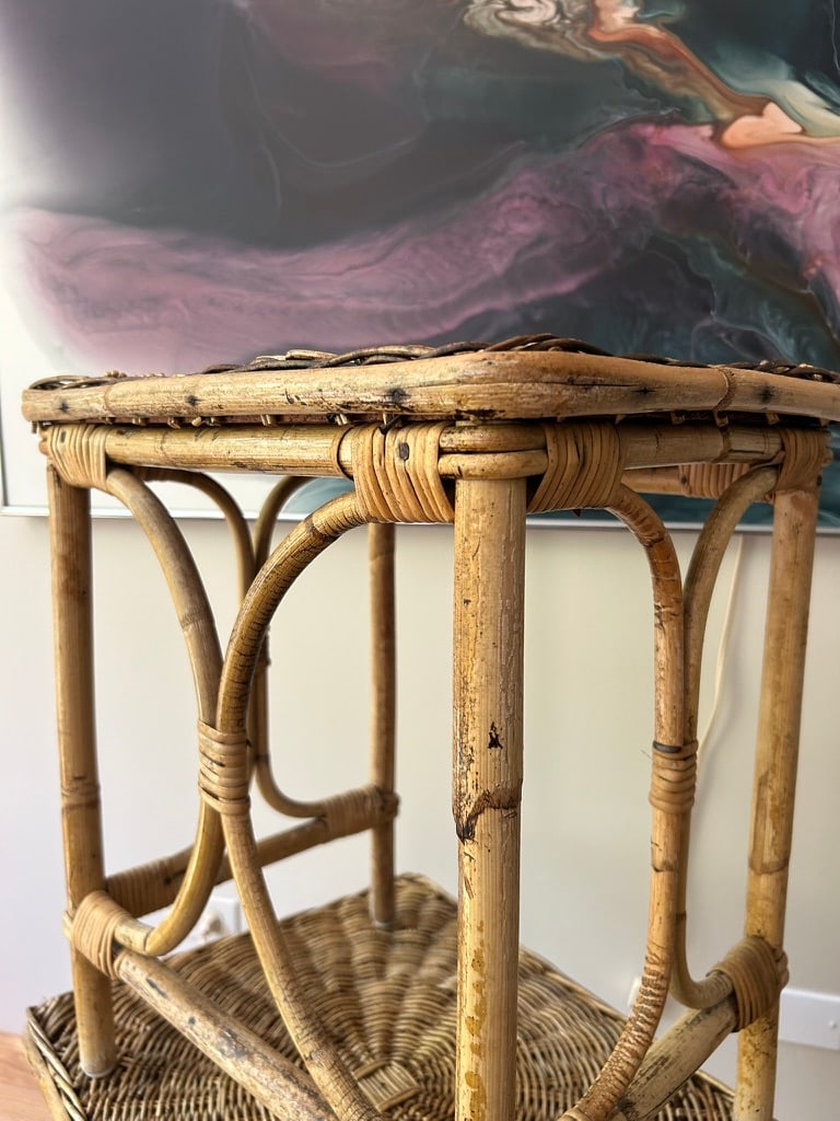 1960s Mid-Century Bohemian Woven Wicker & Rattan, Bamboo Sunburst Nesting Tables - Set of 2 - 3
