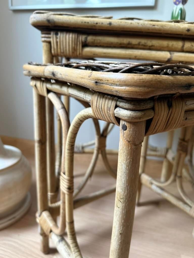 1960s Mid-Century Bohemian Woven Wicker & Rattan, Bamboo Sunburst Nesting Tables - Set of 2 - 4