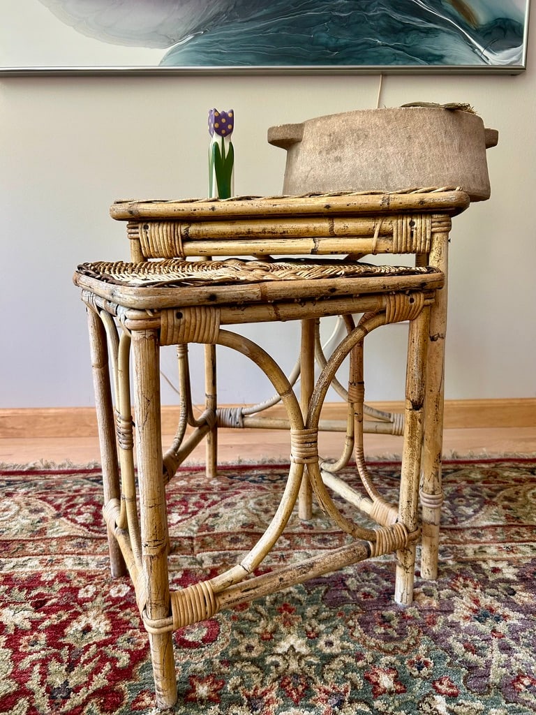 1960s Mid-Century Bohemian Woven Wicker & Rattan, Bamboo Sunburst Nesting Tables - Set of 2 - 5