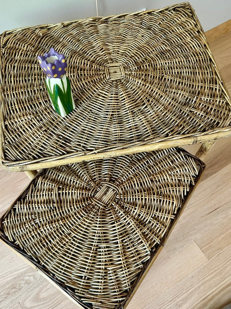 1960s Mid-Century Bohemian Woven Wicker & Rattan, Bamboo Sunburst Nesting Tables - Set of 2 - 6