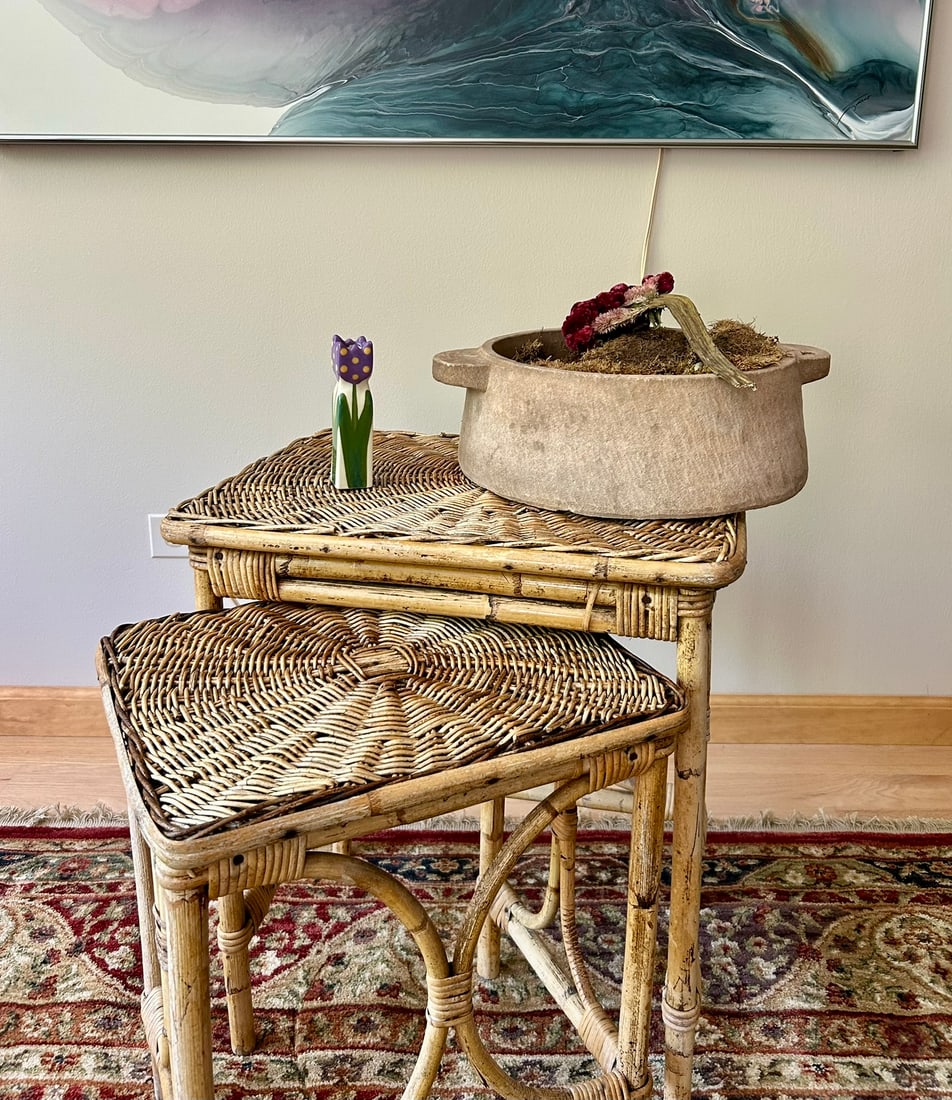 1960s Mid-Century Bohemian Woven Wicker & Rattan, Bamboo Sunburst Nesting Tables - Set of 2 - 7