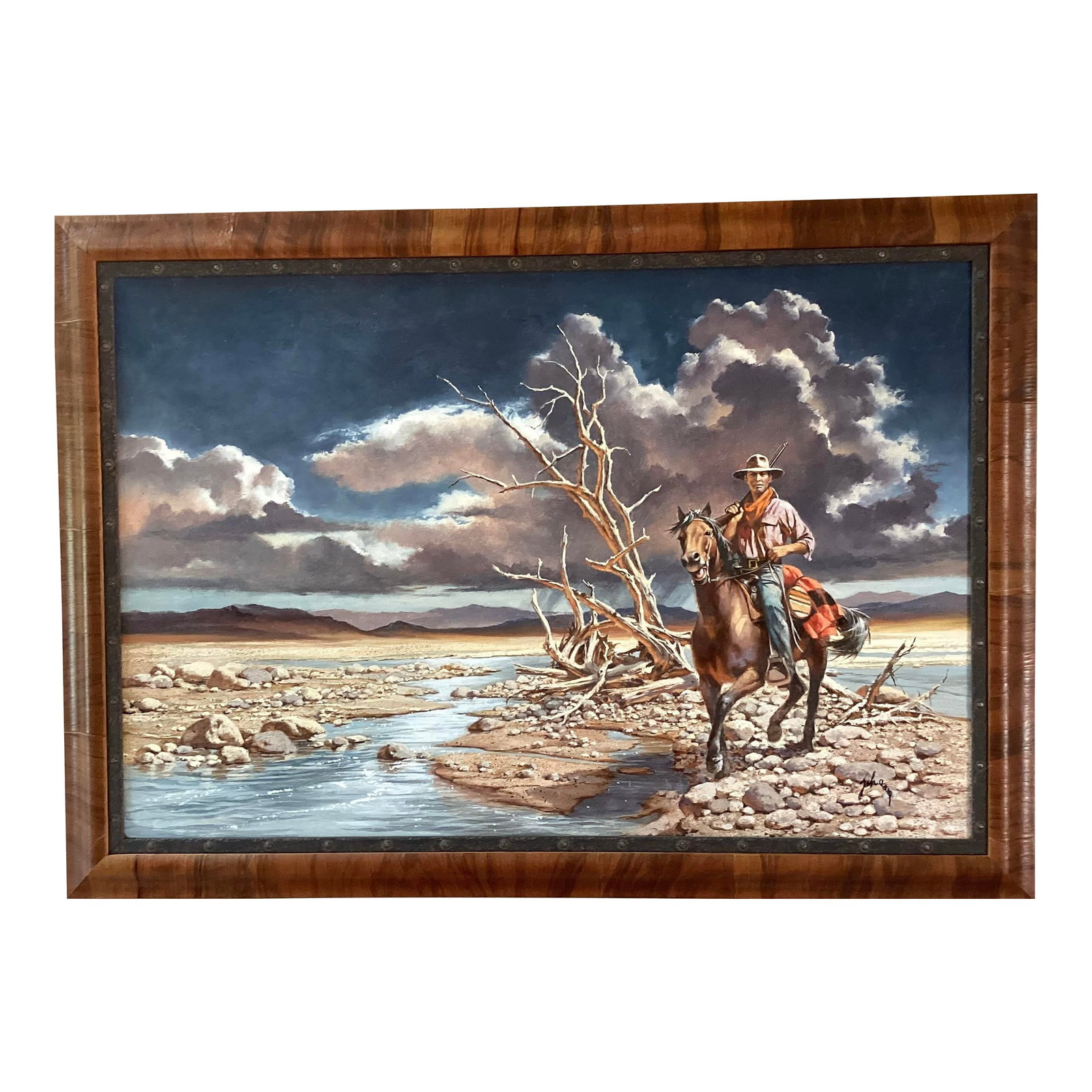 Harry Schaare (1922-2008) "Glory Trail" Oil on Board C 1993. Signed Lower Right: Glory Trail, 1993, Harper Collins, was written by Mike Blakely, American novelist and singer-songwriter. It tells the story about Texas Ranger Lawnce McCrary. After His son wounds a Mexican warlord,