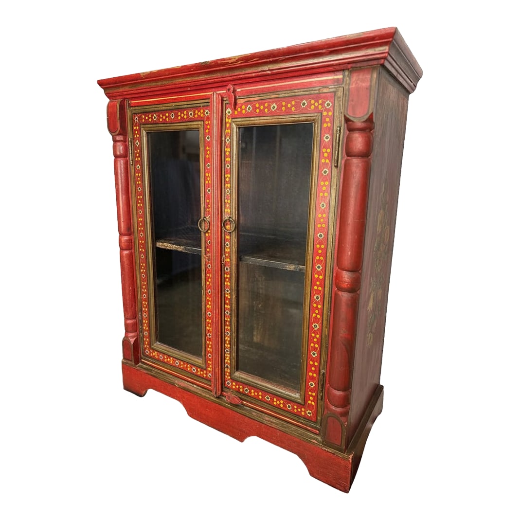 Vintage Hand-Painted Rajasthani Display Cabinet – Slim 12" Depth: Capture the romance of global design with this mid-20th-century hand-painted Indian Almirah cabinet. Sourced from an estate in Louisiana, this authentic statement piece features a striking, deep