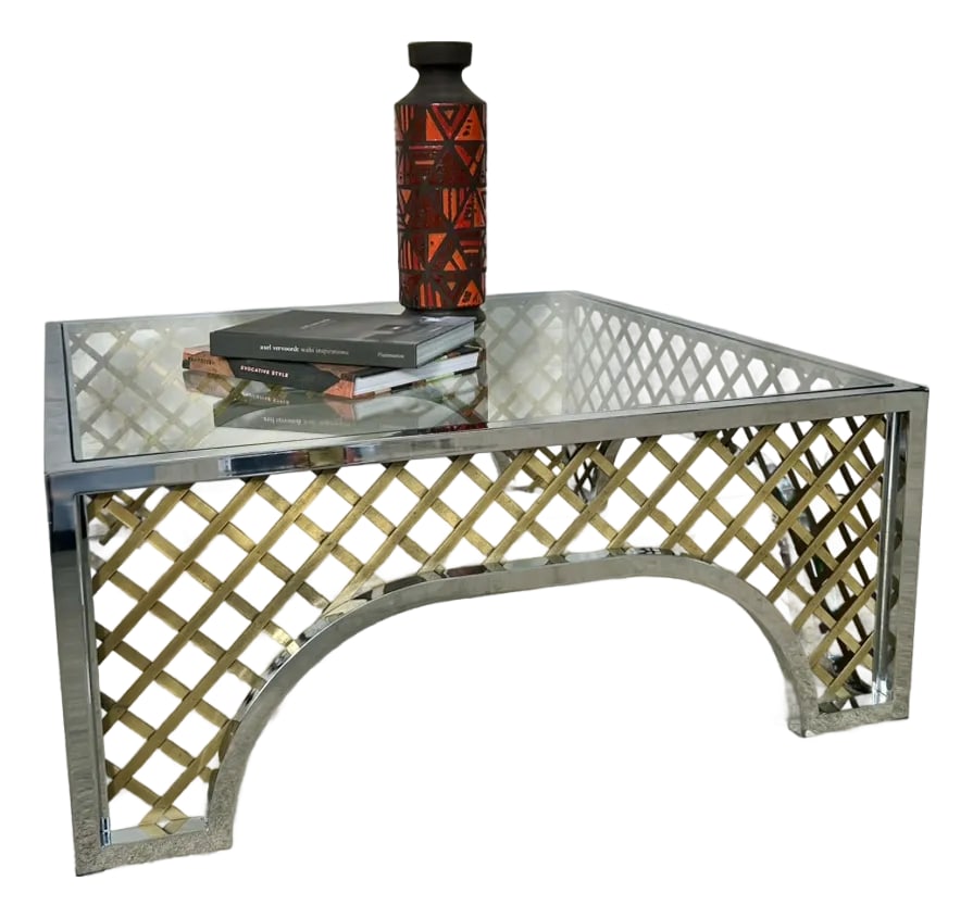 1970s Hollywood Regency Two-Tone Chrome & Brass "Cloister" Square Cocktail Table Attributed to Maste: A commanding and structurally striking example of 1970s Hollywood Regency design, this oversized square cocktail table features a sophisticated two-tone mixed-metal composition. The brilliant,