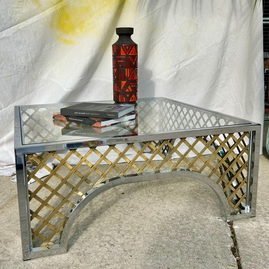 1970s Hollywood Regency Two-Tone Chrome & Brass "Cloister" Square Cocktail Table Attributed to Maste - 4