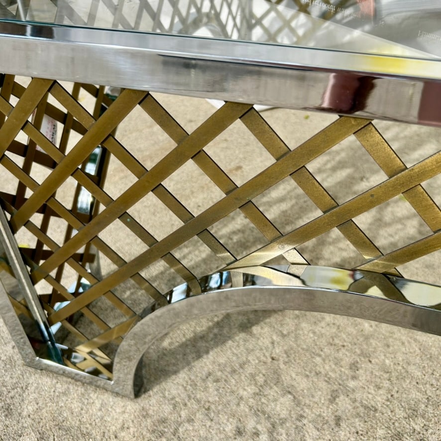 1970s Hollywood Regency Two-Tone Chrome & Brass "Cloister" Square Cocktail Table Attributed to Maste - 7