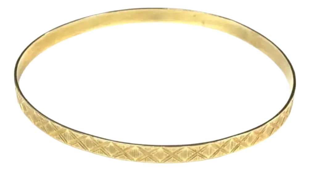 14k Gold Bangle Bracelet Vintage: 14K Yellow Gold Vintage Bangle Bracelet. Bracelet is elegant in its simplicity and embodies the timeless appeal of minimalist jewelry. Bracelet features a sleek, slender profile with subtly faceted ge