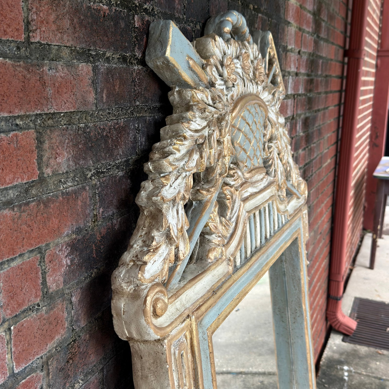 Late 20th Century Wood & Gesso Parcel Gilt Newly Painted Chambray Blue Louis XVI Wall Mirror - Mario - 15