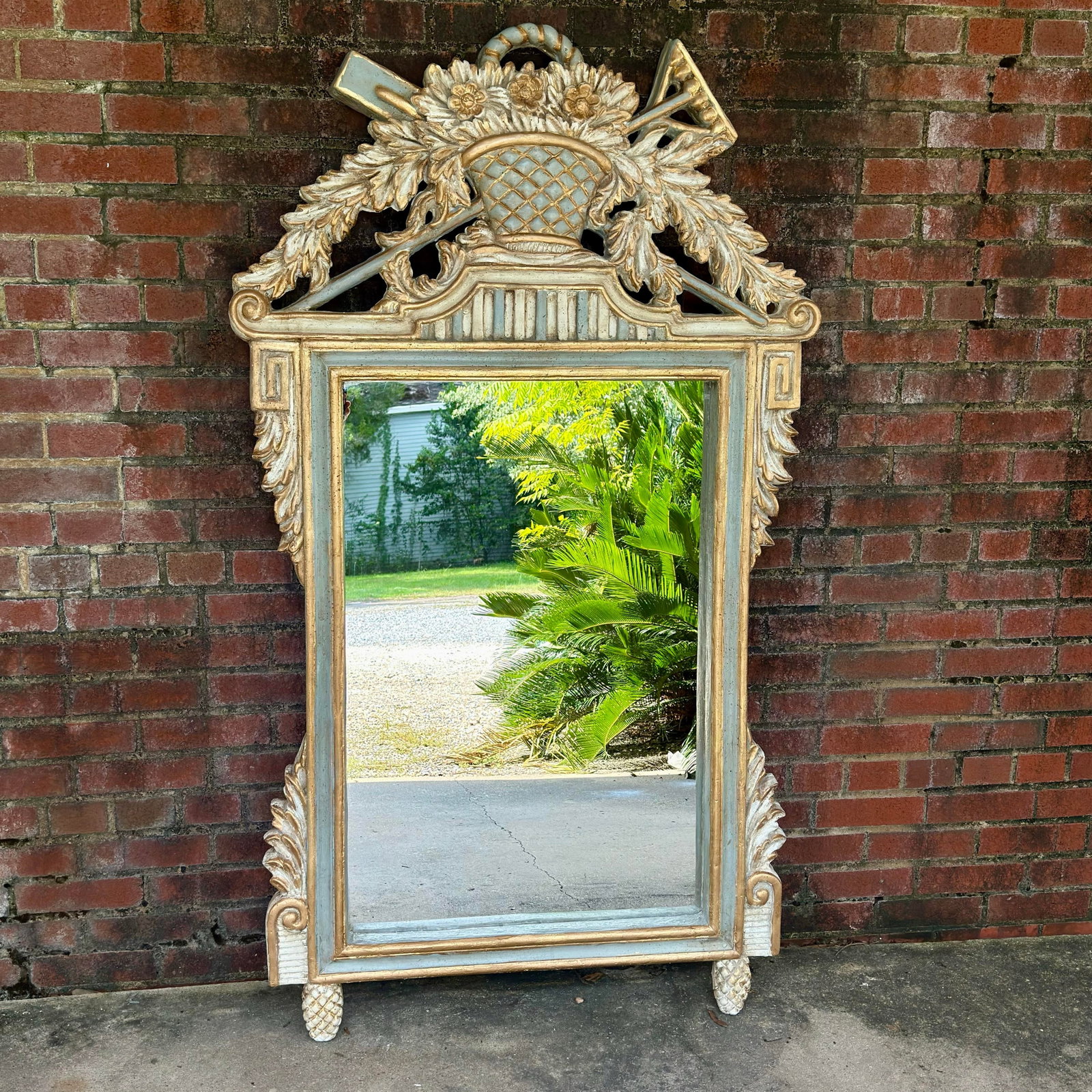 Late 20th Century Wood & Gesso Parcel Gilt Newly Painted Chambray Blue Louis XVI Wall Mirror - Mario - 3
