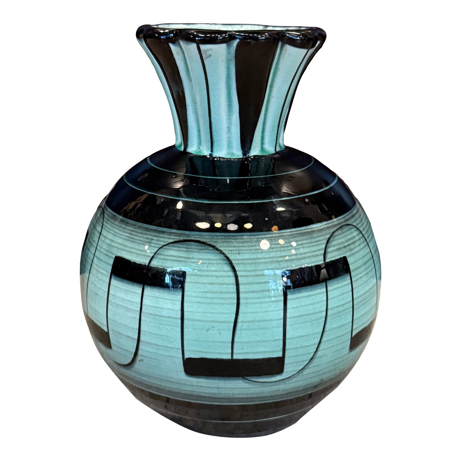 Mid 20th Century Swedish Art Deco Geometric Art Pottery Vase by Ilse Claesson for Rörstrand: This Art Deco, art pottery vase represents an exquisite example of early Swedish modernism, designed by Ilse Claesson for the historic Rörstrand porcelain factory. The rounded, spherical body fea