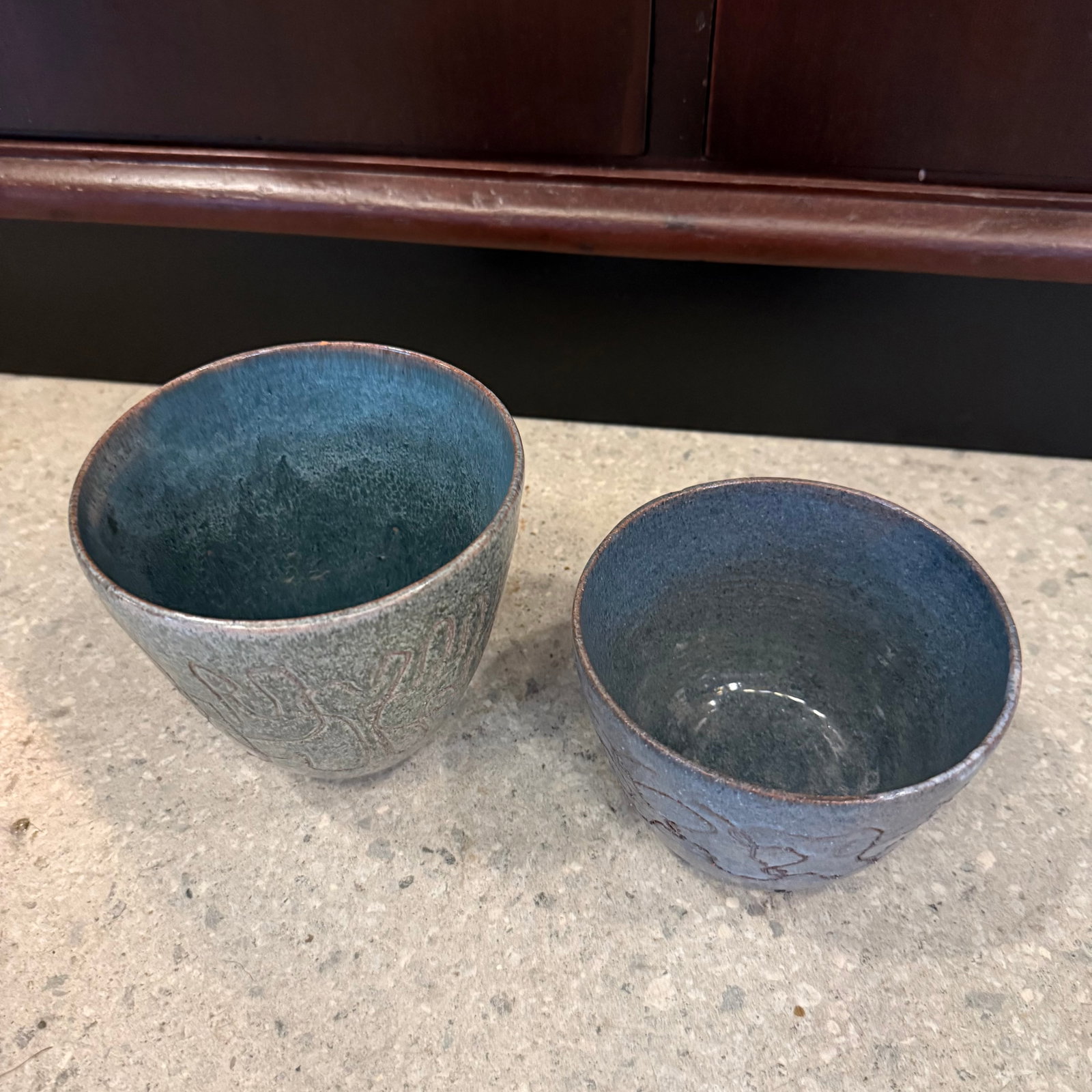 Set of 2 20thC. Mid-Century Modern Primitive Incised Art Pottery Bowls - 10