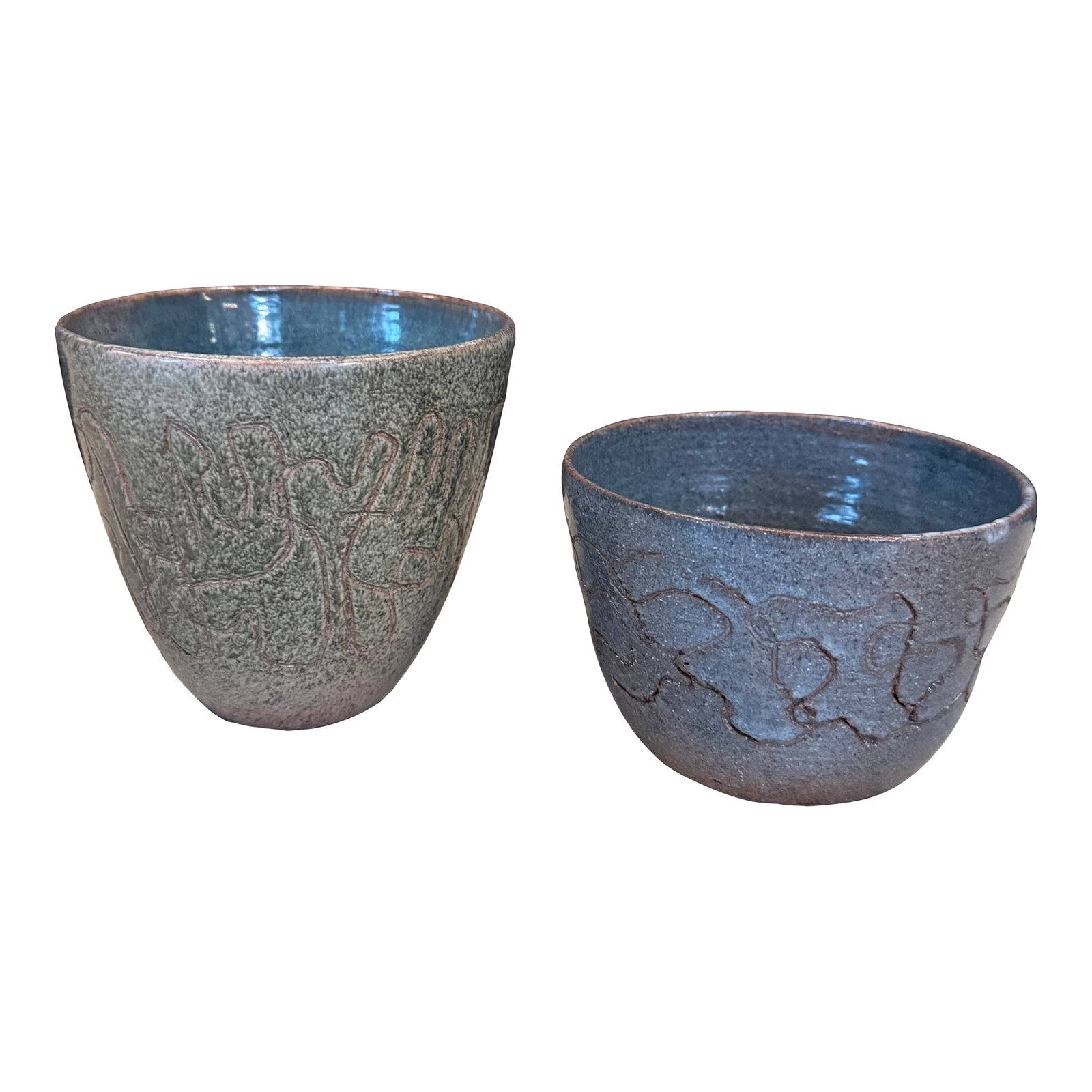 Set of 2 20thC. Mid-Century Modern Primitive Incised Art Pottery Bowls: This pair of mid-century modern art pottery bowls showcases a distinctive primitive modernist aesthetic. Hand-thrown with subtle structural variations, each vessel features a textured, speckled matte