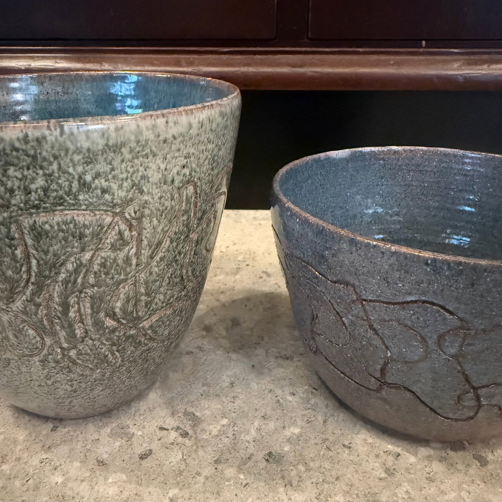 Set of 2 20thC. Mid-Century Modern Primitive Incised Art Pottery Bowls - 4