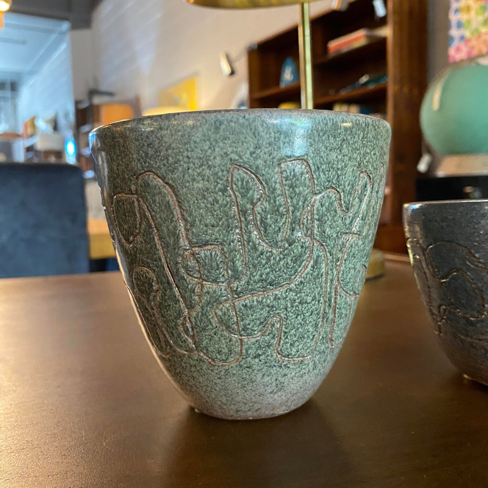 Set of 2 20thC. Mid-Century Modern Primitive Incised Art Pottery Bowls - 5