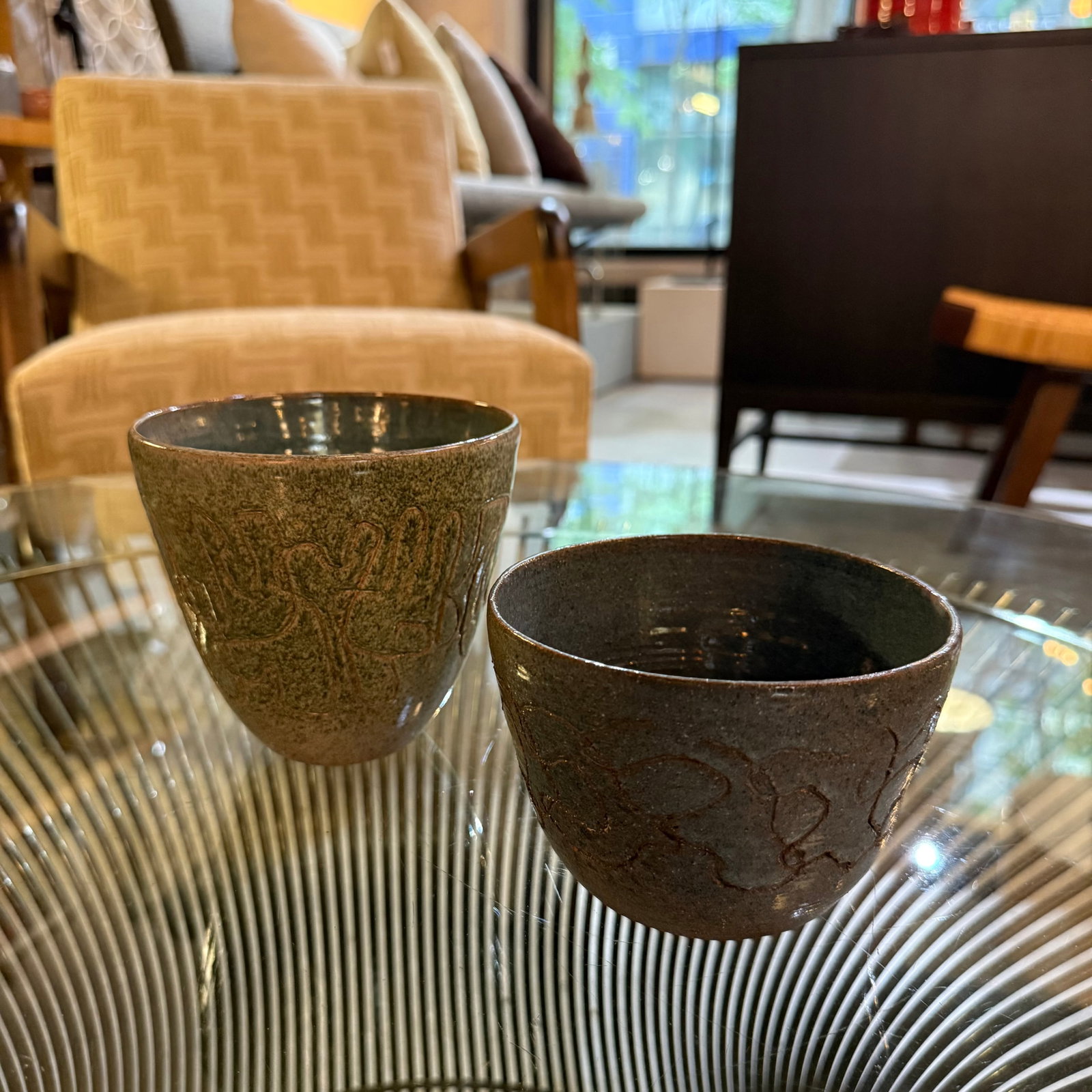 Set of 2 20thC. Mid-Century Modern Primitive Incised Art Pottery Bowls - 9