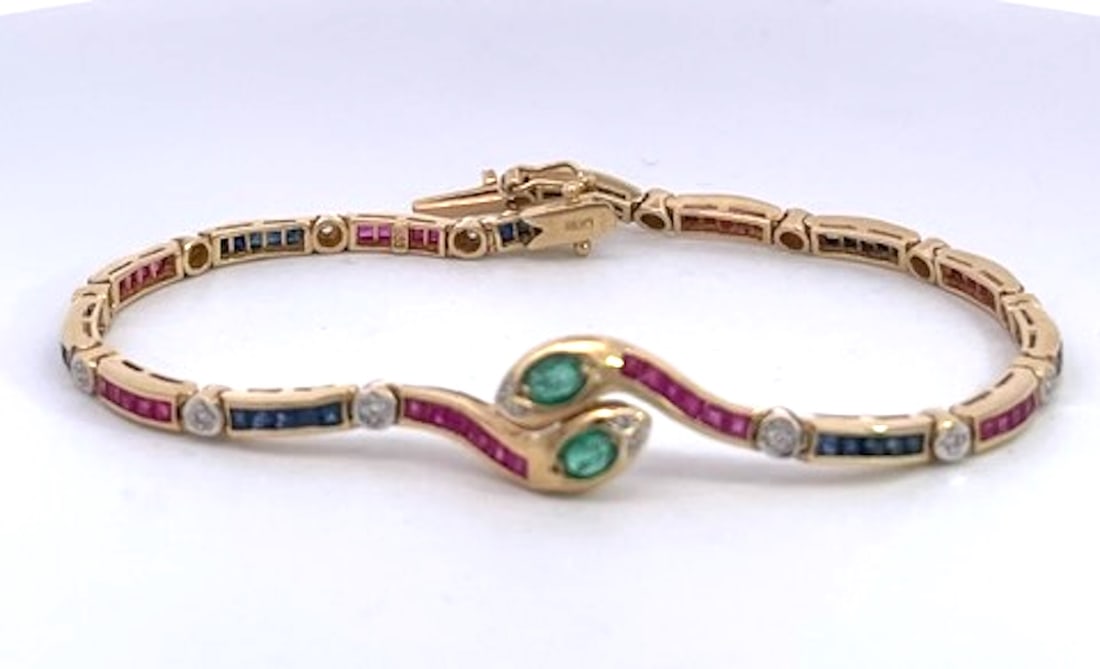Vintage Yellow Gold Snake Bracelet With Emeralds, Rubies, and Diamonds - 13