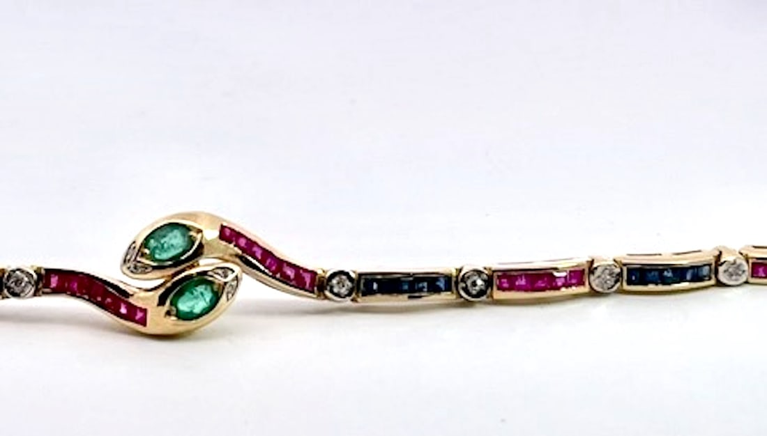 Vintage Yellow Gold Snake Bracelet With Emeralds, Rubies, and Diamonds - 2