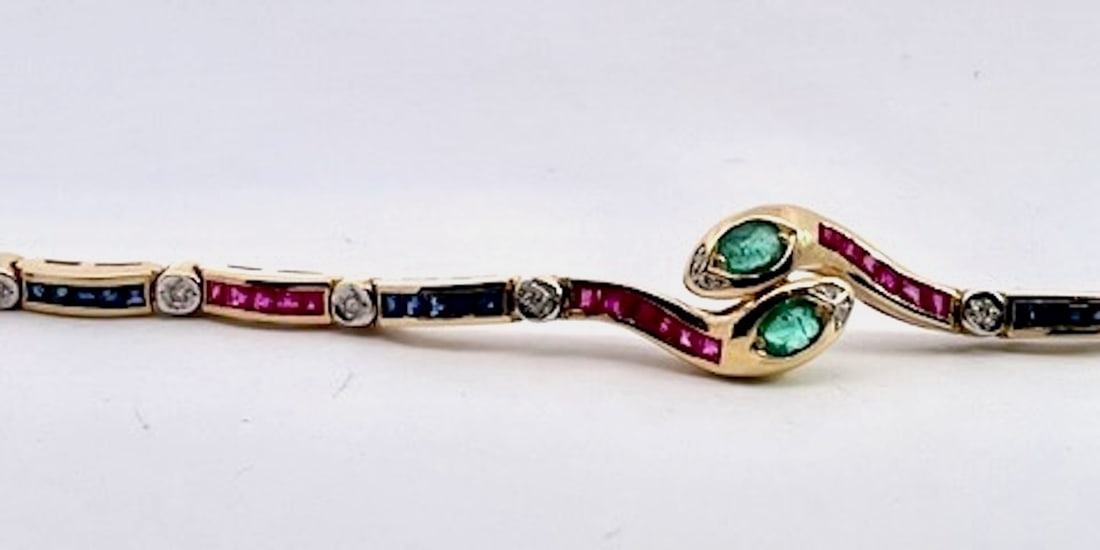 Vintage Yellow Gold Snake Bracelet With Emeralds, Rubies, and Diamonds - 3