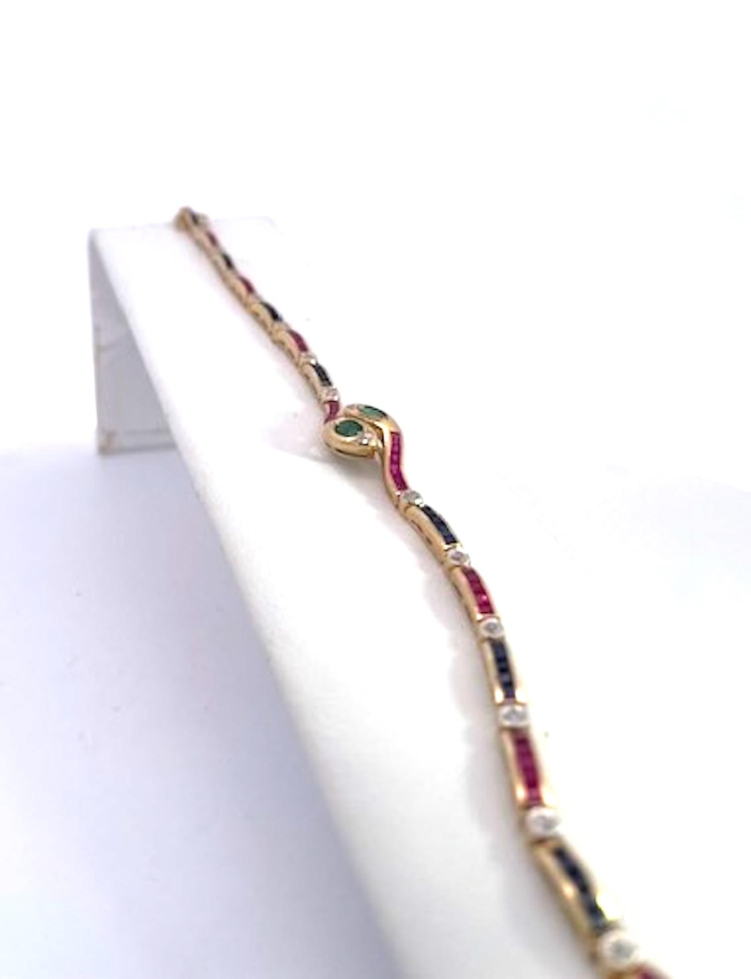 Vintage Yellow Gold Snake Bracelet With Emeralds, Rubies, and Diamonds - 4