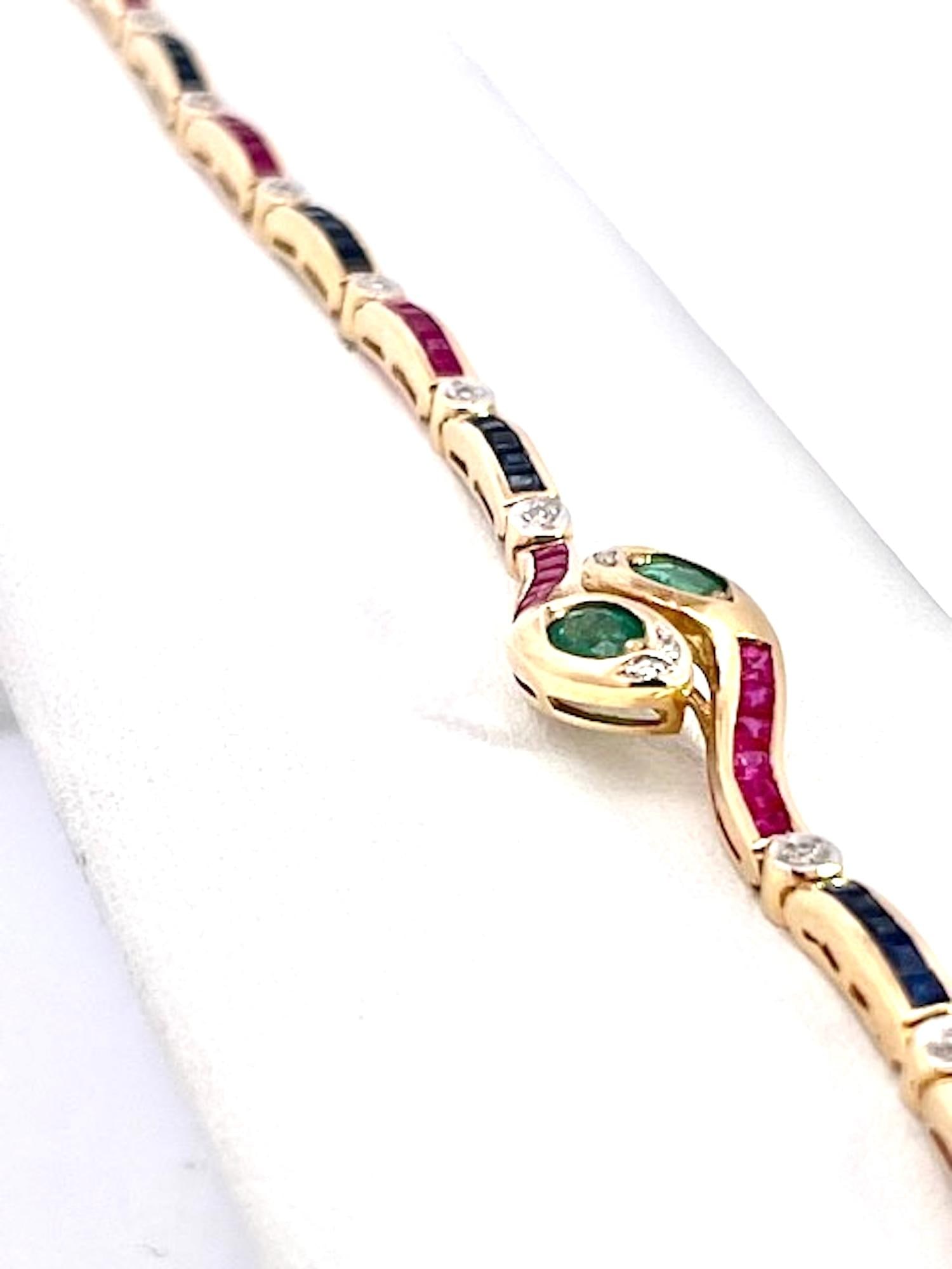Vintage Yellow Gold Snake Bracelet With Emeralds, Rubies, and Diamonds - 5