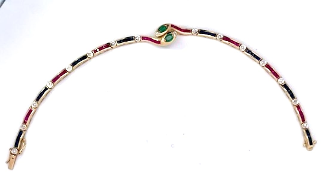 Vintage Yellow Gold Snake Bracelet With Emeralds, Rubies, and Diamonds - 7