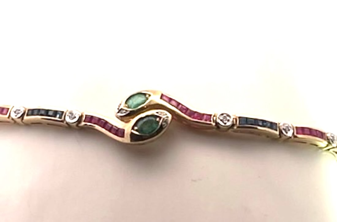 Vintage Yellow Gold Snake Bracelet With Emeralds, Rubies, and Diamonds - 8