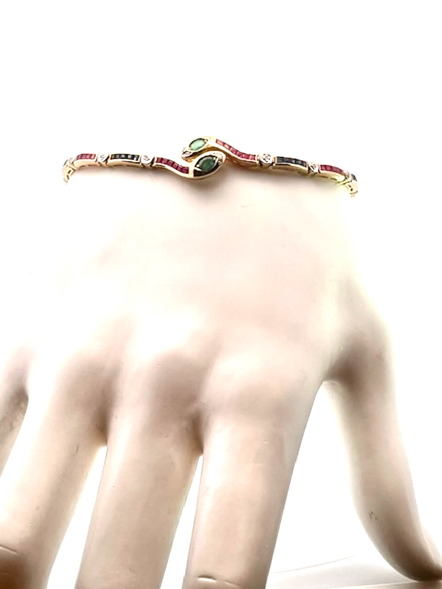 Vintage Yellow Gold Snake Bracelet With Emeralds, Rubies, and Diamonds - 9