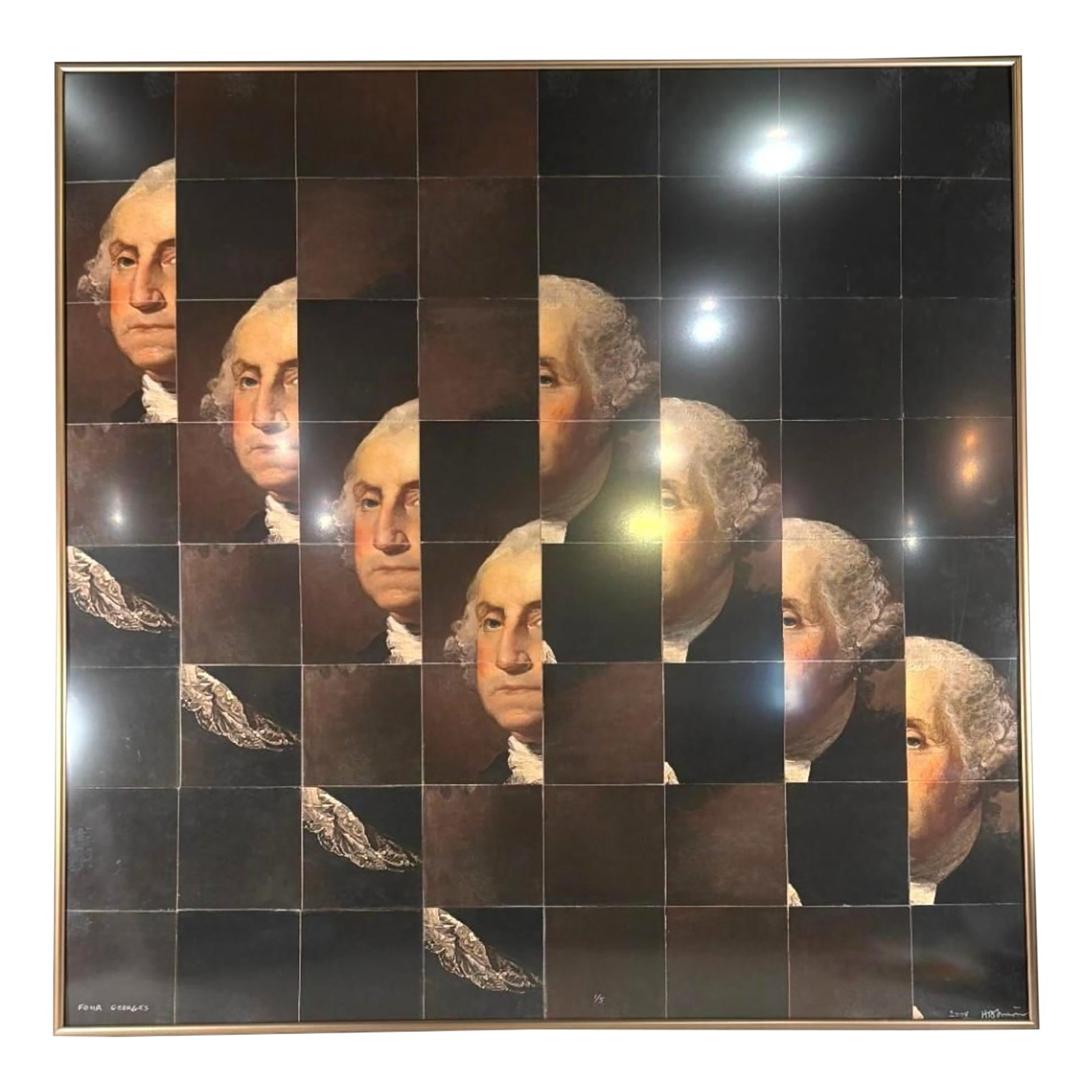 Four Georges #1/5 "” Framed Collage, Herbert Simon Estate, 2008: Presenting an exceptional, museum-grade 2008 mixed media grid collage titled "Four Georges" by celebrated American master sculptor, printmaker, and academic Herbert Simon (b. 1927). Boasting an ironcl